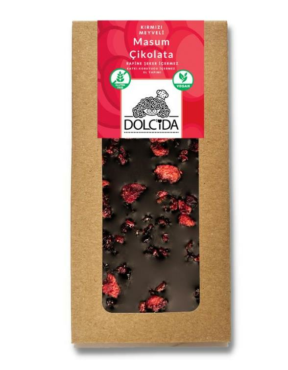 Dolcida Kırmızı Meyveli Masum Vegan Çikolata 100 g (Şekersiz & Glutensiz)